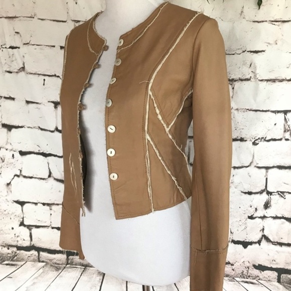 Tan Frayed Seams Patchwork Vegan Leather Fitted Jacket Coat size small - Picture 3 of 11
